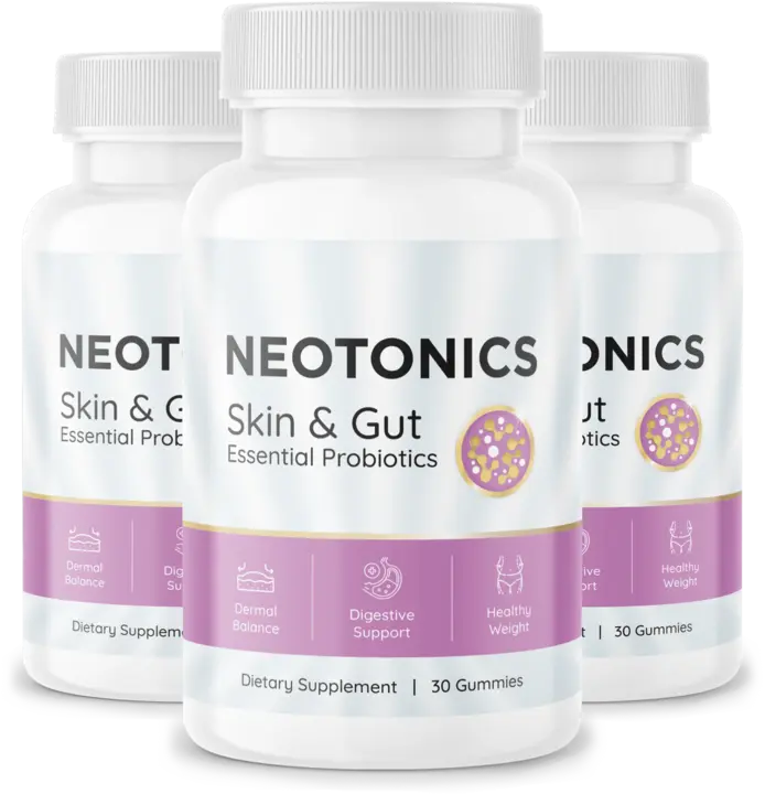 Three Neotonics bottles showing the skin and gut probiotic formula